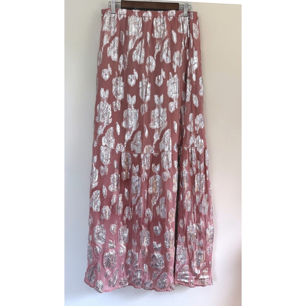 Women's Floral Metallic Silver Jacquard Tiered Lined Elastic Waist Maxi Skirt - Picture 1 of 4